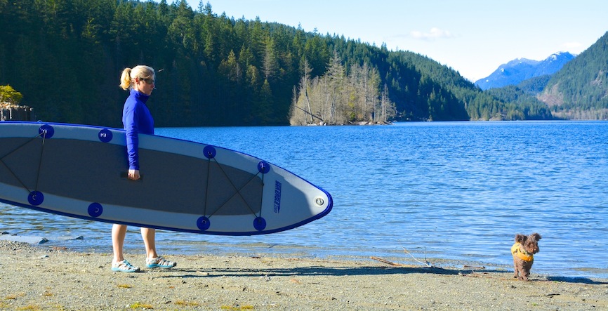 paddling inflatable SUP with my dog Seth