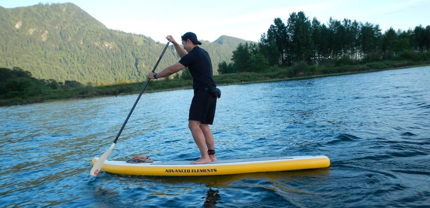 paddling the AE Fishbone inflatable SUP
