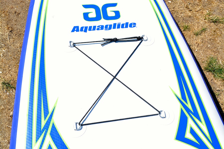 Aquaglide SUP bungee cord system for storing gear