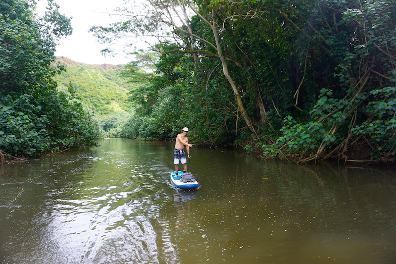 paddle boarding down Hanalei River