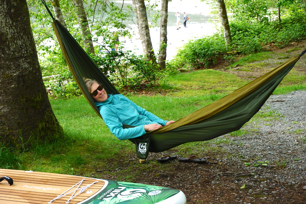 paddleboarding and relaxing on Nixy hammock