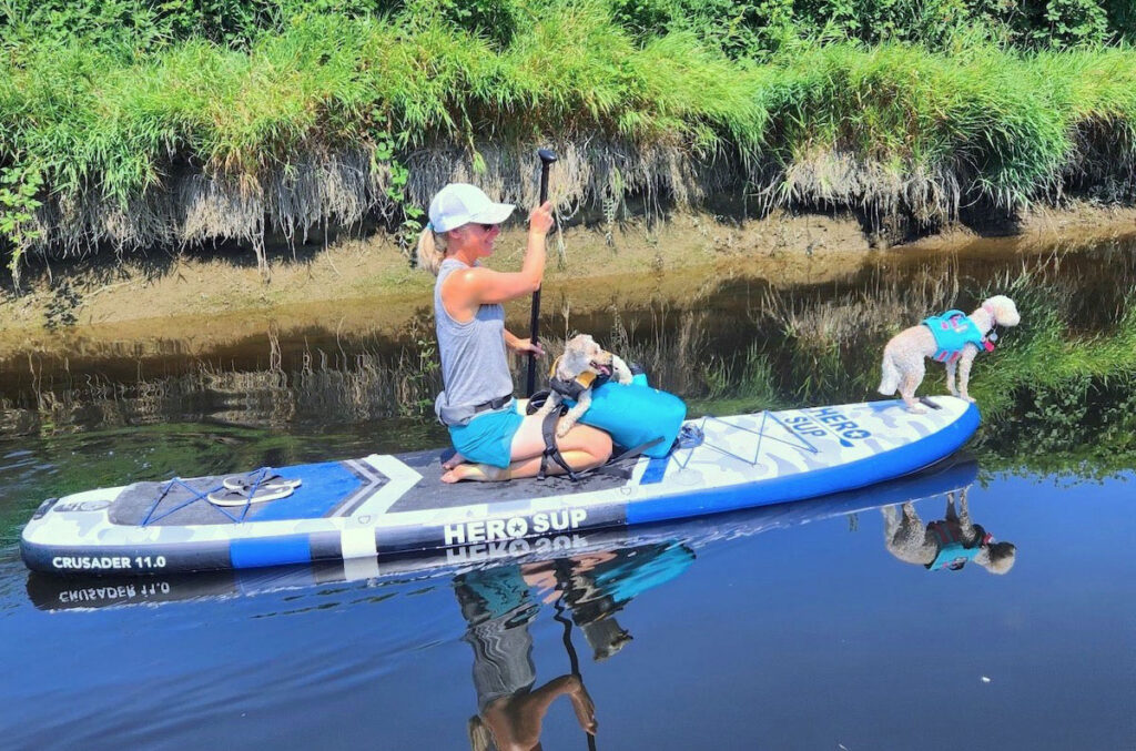 paddling wtih dogs on SUP with Icemule cooler bag